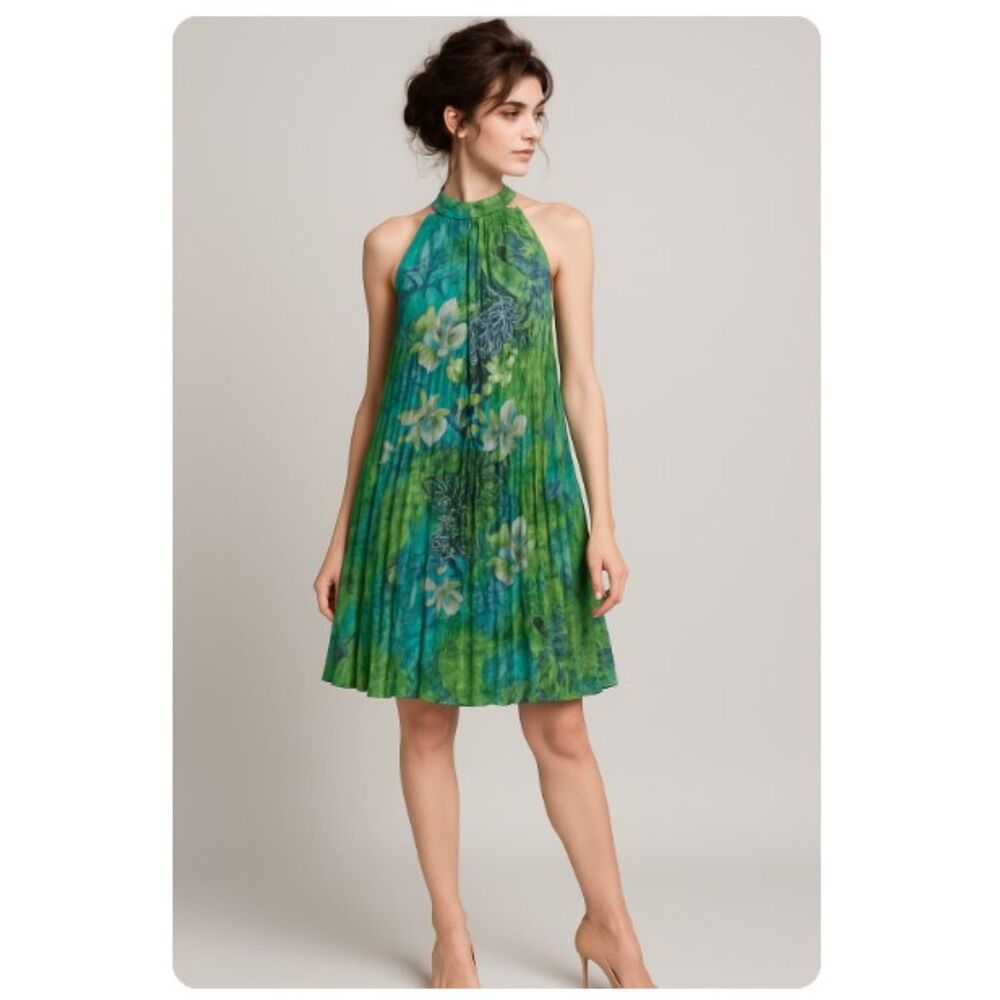Blooming Rose Dress Blue Green Floral Pleated Halter Lined Womens Size 14